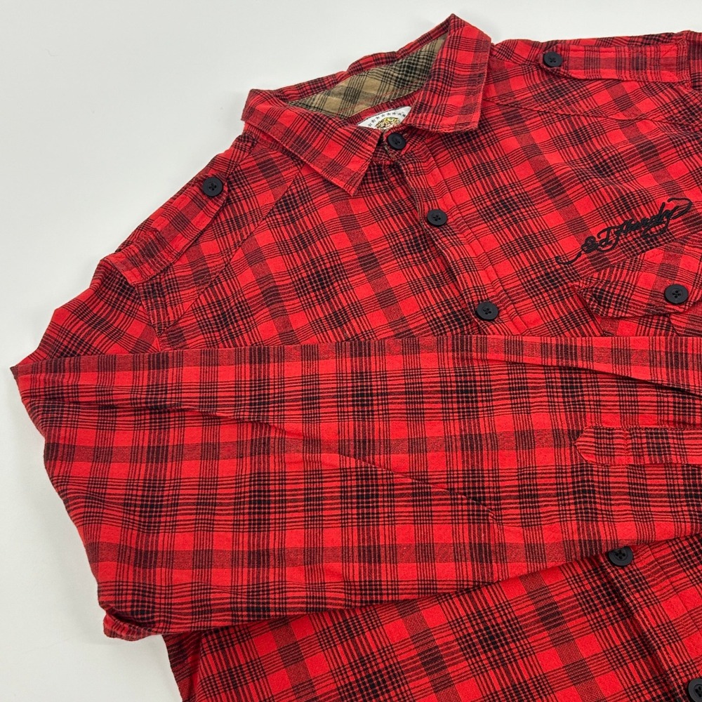 Ed‎ Hardy Shirt Mens XL Red Black Plaid Flannel Button Up Embroidered Logo Y2K